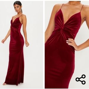 Wine Velvet Knot Front Maxi Dress Gown Medium